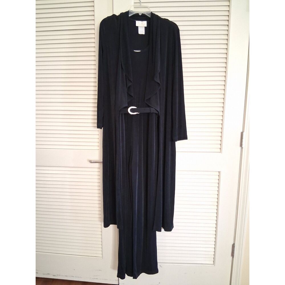 VTG 80s Cache M Jumpsuit Wide Leg Duster Cardigan Belt Black Liquid Knit Slinky - Picture 7 of 12